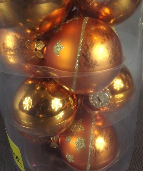 Komplet 12 Szklanych Bombek Świątecznych w Kolorze Rudy, 60mm w Boksie PVC
