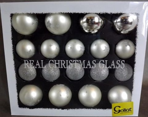 Komplet 18 Eleganckich Srebrnych Bombek Świątecznych - Mat, Połysk, Brokat.
