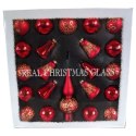 Komplet 21 Czerwonych Bombek Szklanych z Dekoracją - 15 Bombek, 4 Dzwonki i Zubek