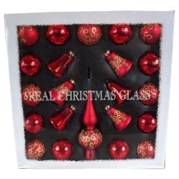 Komplet 21 Czerwonych Bombek Szklanych z Dekoracją - 15 Bombek, 4 Dzwonki i Zubek