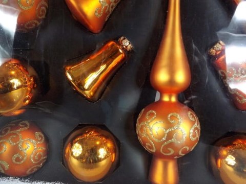 Komplet 21 Pomarańczowych Bombek Szklanych z Dekoracją: 15 Bombek, 4 Dzwonki i Czubek