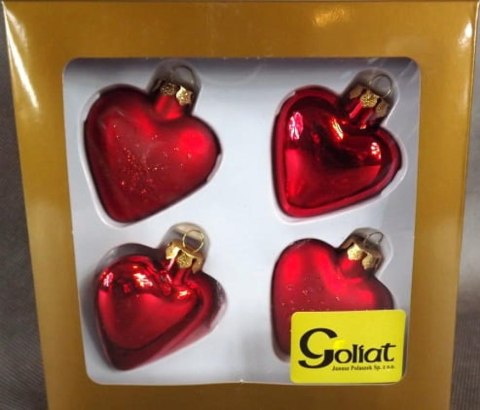 Komplet 4 Czerwonych Szklanych Bombek w Kształcie Serc