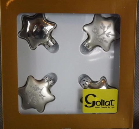 Komplet 4 Srebrnych Bombek Szklanych w Kształcie Gwiazd