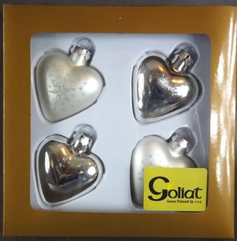 Komplet 4 Srebrnych Bombek Szklanych w Kształcie Serc