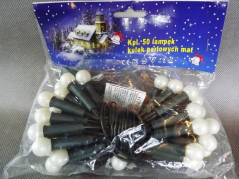 Komplet 50 Białych Lampek-Kulek Perłowych na Zielonym Kablu 220V-240V, 3m Długości, do Użytku Wewnętrznego