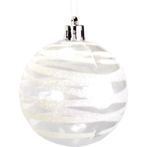 Komplet 6 Przeźroczystych Bombek Plastikowych z Dekorem, Kolor Biały, 6 cm