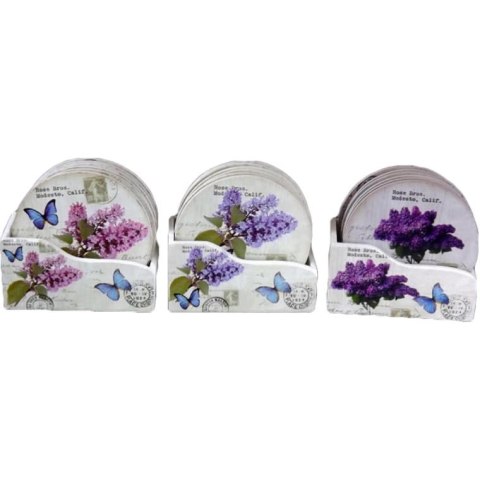 Komplet 6 drewnianych podkładek pod filiżankę z kwiecistym wzorem