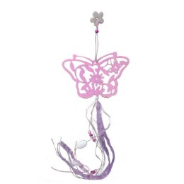 Różowy Drewniany Motyl z Wstążkami i Koralikami - Zawieszka Dekoracyjna