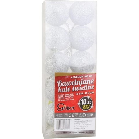 Srebrne Kule Świetlne z Bawełny z 10 LED, 5cm, Zasilane Bateriami 2xAA, Długość Przewodu 165cm