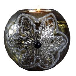 Świecznik Szklany Zdobiony Brokatem w Kolorze Starego Srebra - 7x8cm