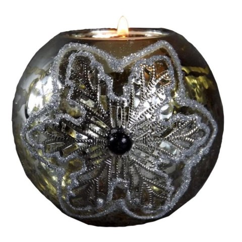 Świecznik Szklany Zdobiony Brokatem w Kolorze Starego Srebra - 7x8cm