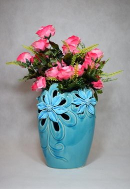 Wazon Turkusowy z Motywem Kwiatowym o Antycznym Wykończeniu 32 cm