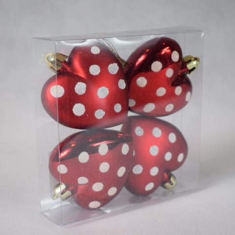 Zestaw 4 Czerwonych Bombek Choinkowych w Kształcie Serca Ozdobionych Brokatem 6cm