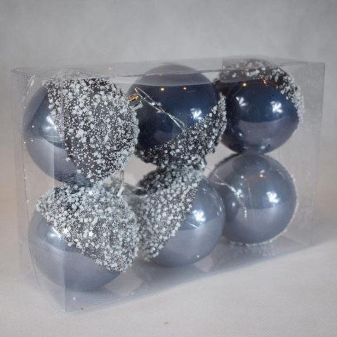 Zestaw 6 Grafitowych Bombek Lukrowanych 8 cm z Srebrnymi Sznurkami