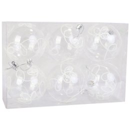 Zestaw 6 Przeźroczystych Bombek Plastikowych z Białym Brokatem, 8 cm
