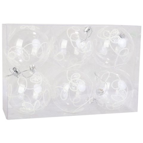Zestaw 6 Przeźroczystych Bombek Plastikowych z Białym Brokatem, 8 cm