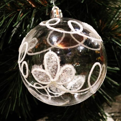 Zestaw 6 Przeźroczystych Bombek Plastikowych z Białym Brokatem, 8 cm