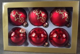 Zestaw 6 szklanych bombek świątecznych o średnicy 80mm (3 z dekorem) w złotym opakowaniu, kolor czerwony