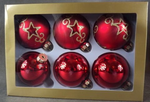 Zestaw 6 szklanych bombek świątecznych o średnicy 80mm (3 z dekorem) w złotym opakowaniu, kolor czerwony