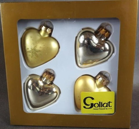 Złote Bombki Świąteczne w Kształcie Serc - Komplet 4 Sztuk