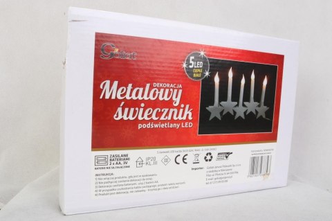 Biały Metalowy Świecznik Stojący z 5 LED Gwiazdkami i Zasilaniem Bateryjnym