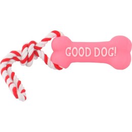 Gryzak piszczący różowy kość ze sznurkiem