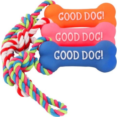 Gryzak piszczący różowy kość ze sznurkiem