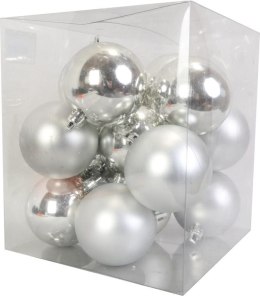Komplet 16 matowych i błyszczących bombek plastikowych srebrnych 6 cm w boksie PVC
