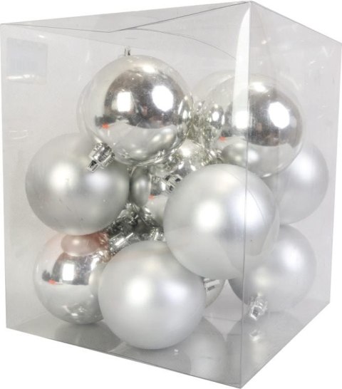 Komplet 16 matowych i błyszczących bombek plastikowych srebrnych 6 cm w boksie PVC