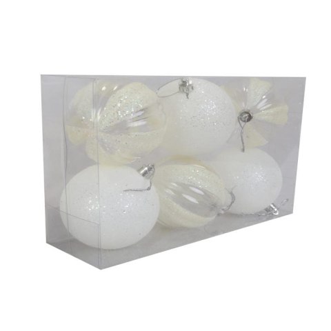 Komplet 6 Przeźroczystych Bombek Plastikowych z Białym Brokatem, 8 cm