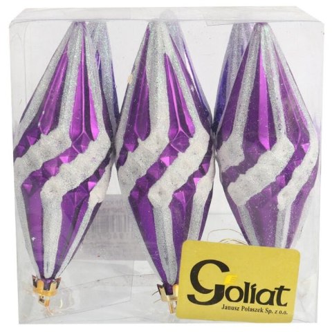 Komplet 6 fioletowych bombek plastikowych wrzecion z białym brokatem, 12 cm.