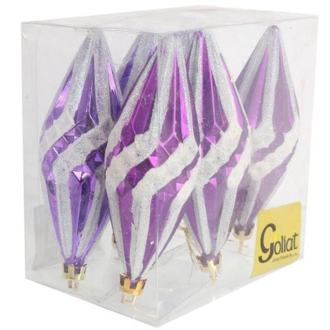 Komplet 6 fioletowych bombek plastikowych wrzecion z białym brokatem, 12 cm.