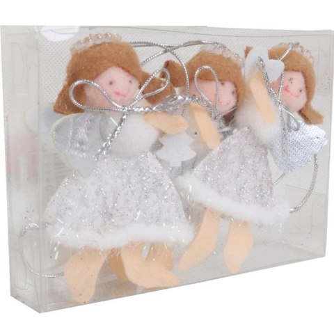 Komplet Trzech Srebrno-Białych Aniołków-Zawieszek w Boksie PVC