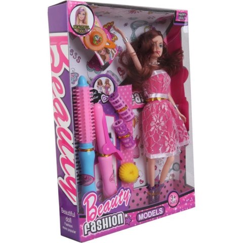 Lalka w zestawie z akcesoriami do włosów lokówka, szczotka, wałki, spinki