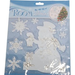 Naklejki Samoprzylepne z Bałwanem i Śnieżynkami w Kolorze Biało-Srebrnym o Wymiarach 24x18 cm [OZD-29]