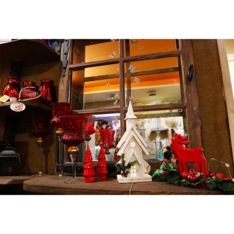 Podświetlana Dekoracja Świąteczna - Ośnieżony Kościółek z LED, Wymiary 38 cm, Kolor Biały, Zasilanie Bateryjne