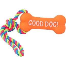 Pomarańczowy gryzak w kształcie kości z piszczkiem i sznurkiem dla psów