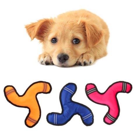 Pomarańczowy materiałowy gryzak dla psa z odblaskowymi paskami i piszczałką