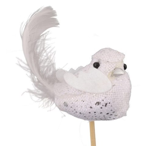 Ptaszek z piórkami na piku biało srebrny