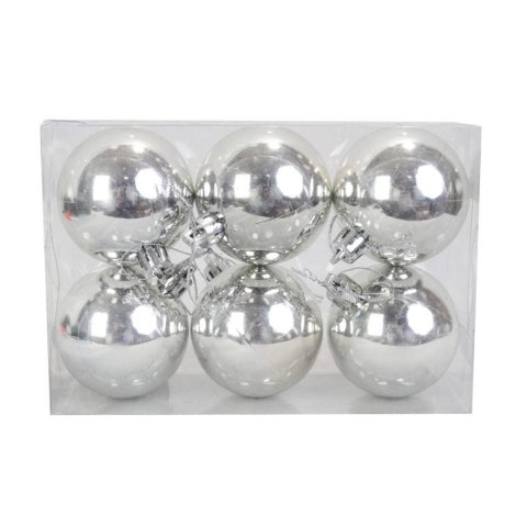 Zestaw 6 Srebrnych Bombek Plastikowych o Średnicy 6cm z Połyskiem