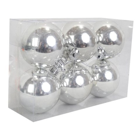 Zestaw 6 Srebrnych Bombek Plastikowych o Średnicy 6cm z Połyskiem