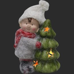 Ceramiczna Figurka Świecącej Choinki z Uśmiechniętym Chłopcem na Baterie, 13,5 cm, Kolor Różowy