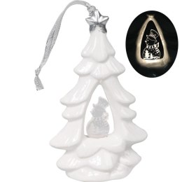 Choinka ceramiczna z podświetlanym bałwankiem LED, biała, 15 cm.