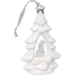Choinka ceramiczna z podświetlanym bałwankiem LED, biała, 15 cm.