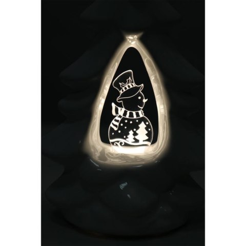 Choinka ceramiczna z podświetlanym bałwankiem LED, biała, 15 cm.