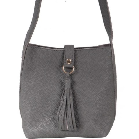 Elegancka Torebka Wieczorowa Ciemno Szara z Frędzelkami i Złotymi Akcentami