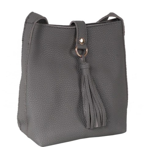 Elegancka Torebka Wieczorowa Ciemno Szara z Frędzelkami i Złotymi Akcentami