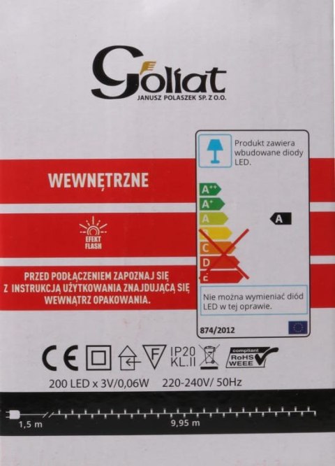 Energooszczędne Lampki Choinkowe LED 200szt. Zimny Biały z Efektem Flash, Użytek Wewnętrzny, Długość 11,5m, IP44