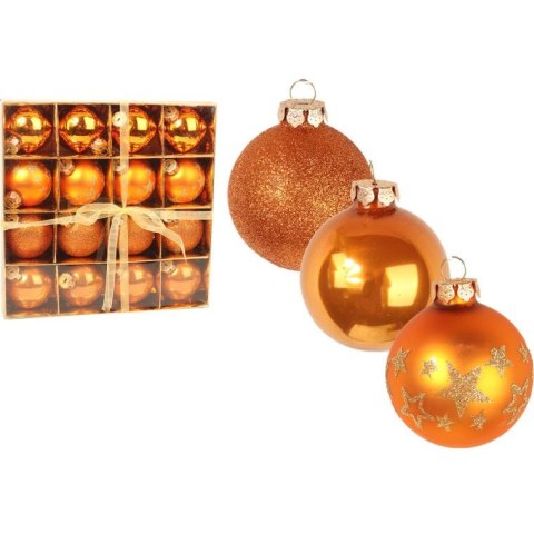 Komplet 16 Pomarańczowych Bombek Szklanych o Wielkości 6 cm - Gładkie, Brokatowe i Dekorowane