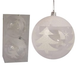 Komplet 2 Przeźroczystych Bombek z Białą Dekoracją, 10cm